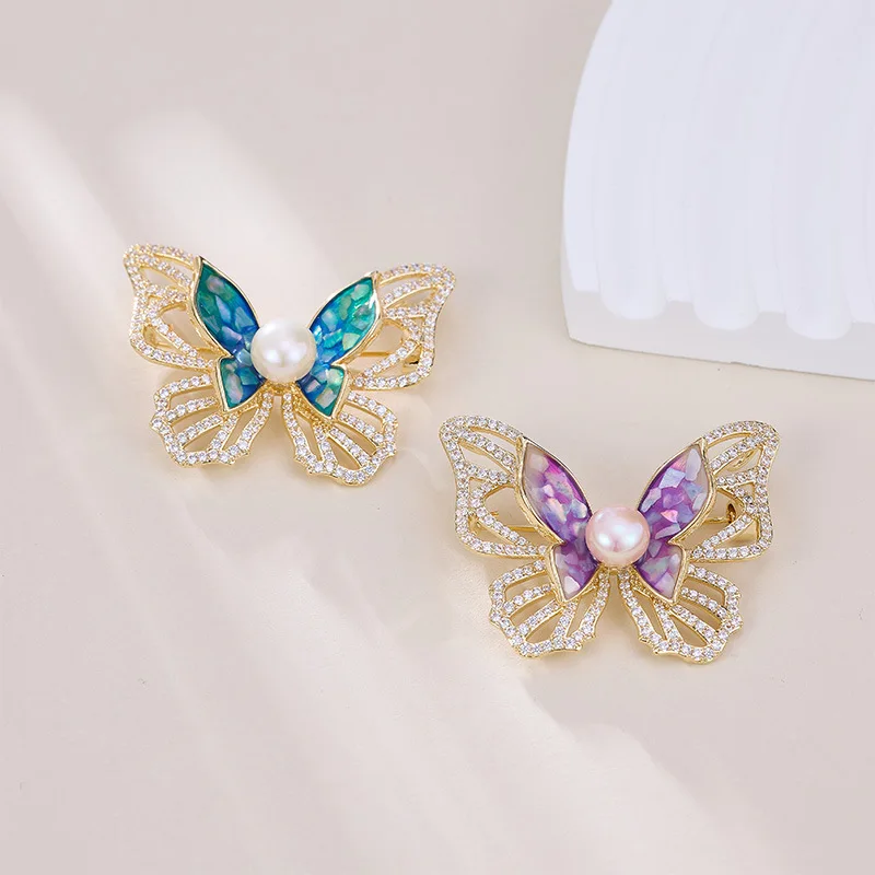 

Freshwater Pearl & Mother-of-Pearl Butterfly Brooch,Natural Elegant Design, Luxury Coat Suit Accessory