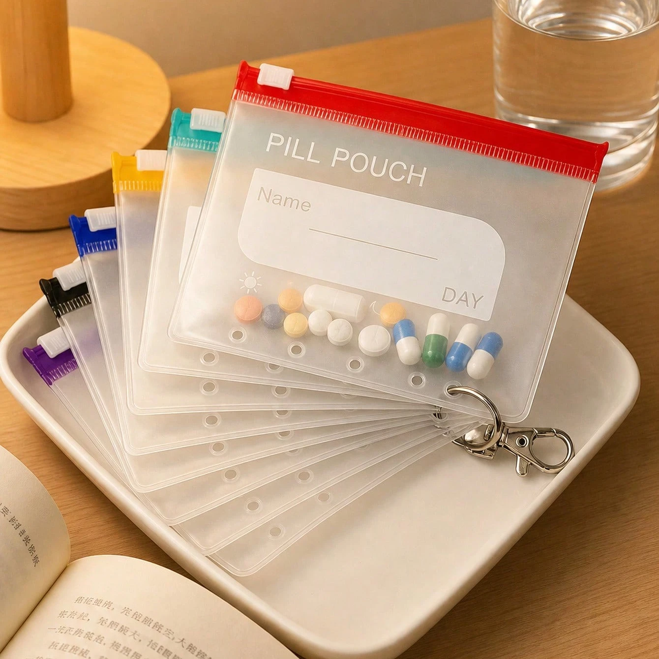 Writeable Label Colorful Zipper Pill Bag Set With Metal Lobster Clasp, Portable Hanging Pill Pouch, Multi-Color Frosted Transparent Pill Storage Bag, Multi-Hole Binder-Ready Independent Pill Pouches, Reusable; Suitable For Pills, Vitamins, Supplements