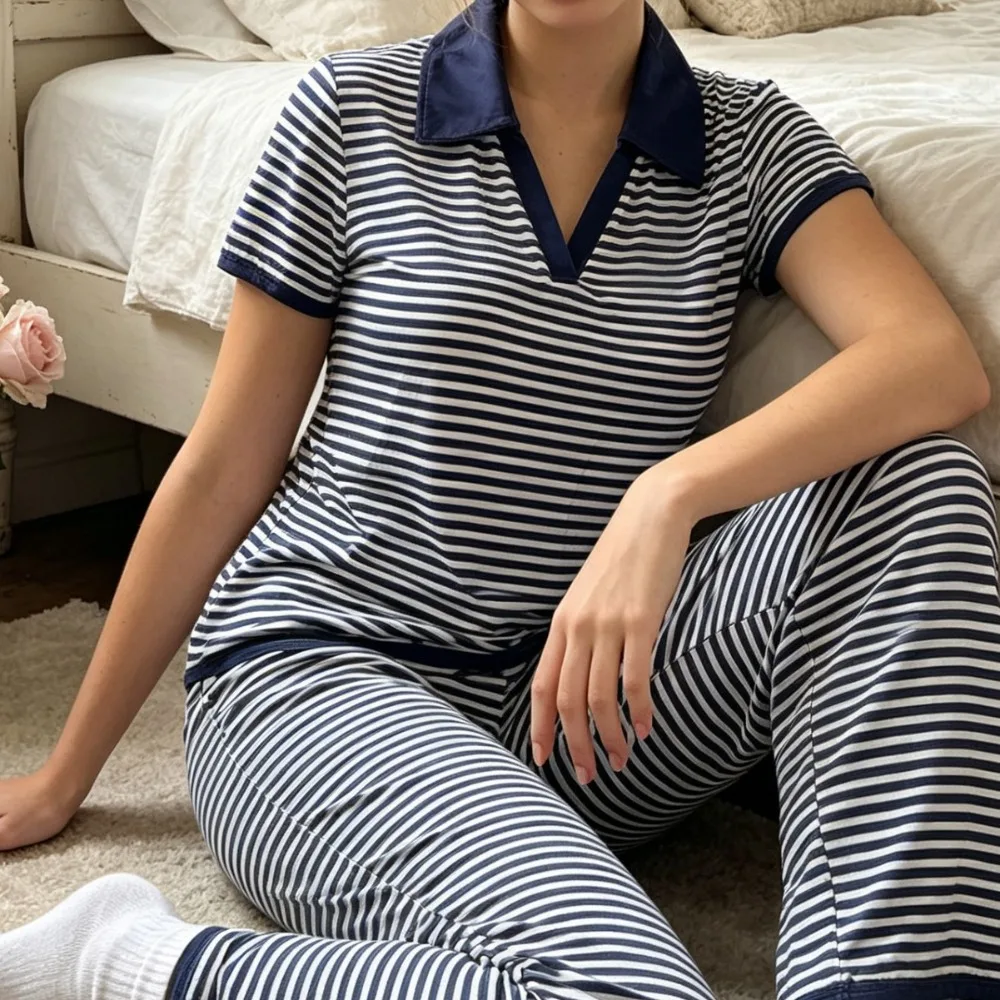 Summer Women Striped Polo Collar Sleepwear 2 Piece Set Short Sleeve V-neck Tops Long Trousers Soft Loungewear Daily Pajamas 2