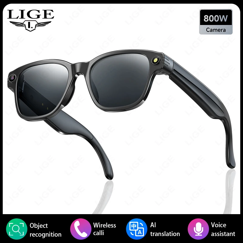 LIGE 800W HD Camera Smart Glasses Video Record BT Call 270mAh Battery Voice Control AI Translate Sunglasses Photochromic Lenses