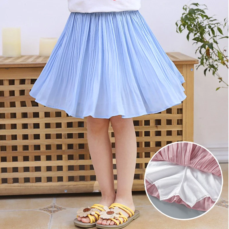 Children Chiffon Solid Princess Pleated Skirt Sweet Big Kids Tutu Skirts with Safety Pants Elastic Waist Mini Skirt for Girls