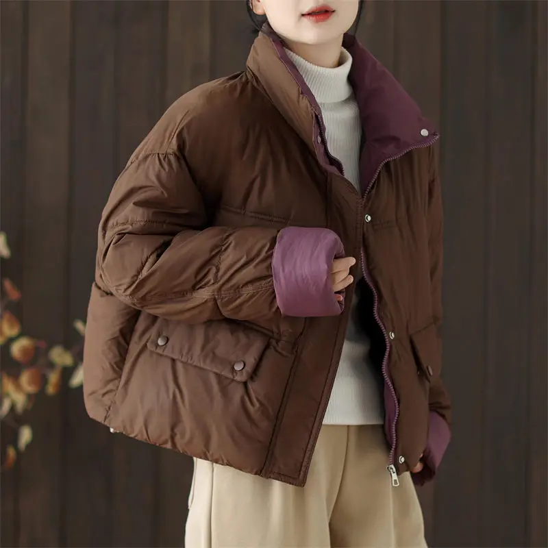 Color Blocking Stand Up Collar Short Cotton Jacket 2024 Thick Warm Winter Women's Coat Popular Puff Parka Casual Abrigos k2520