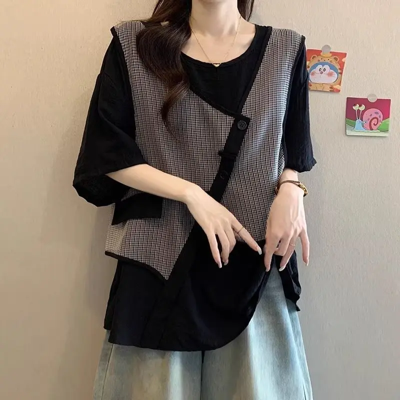 Blusas Oversize 2026 Ropa de Mujer Camisas de Manga Corta con Parches Camisas de Mujer Chic Irregulares Blusas Vintage de Verano