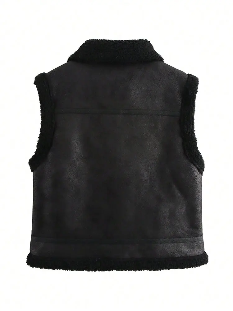 HH Women Vintage Black Faux Leather Fleece Waistcoats Sleeveless Zipper Vest Tops 2025 Autumn Winter Thick Warm Outwear