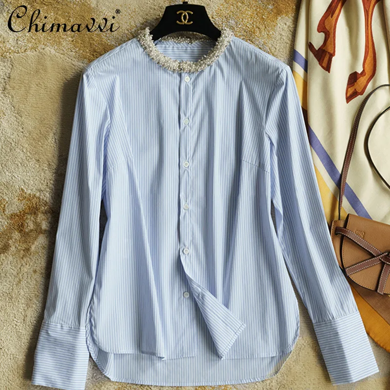 

Fashion Neckline Pearl Rhinestone Decorative Vertical Stripe Long-sleeved Shirt Autumn New Heavy Loose Elegant Women's Blouse
