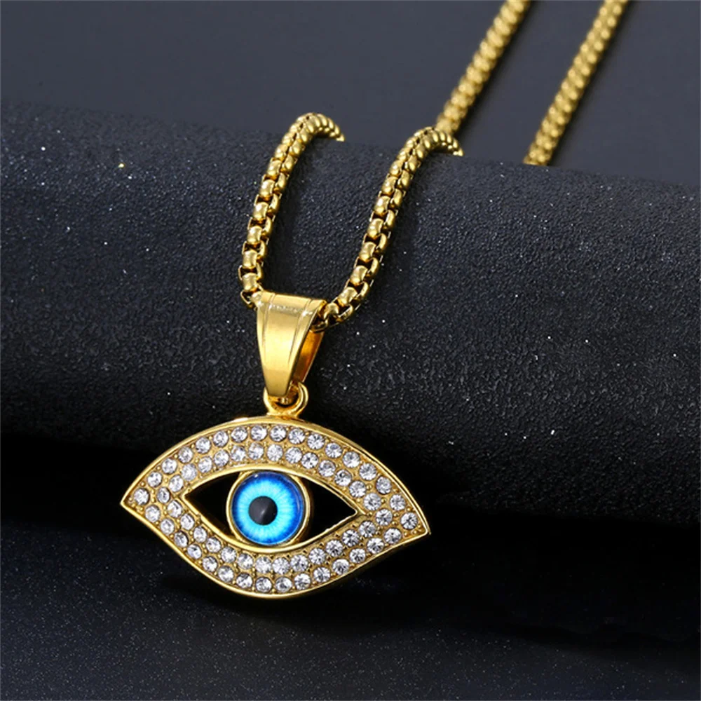 Hip Hop Iced Out Bling Türkischer Böser Blick Anhänger Gold Farbe Edelstahl Amulett Halskette für Frauen Männer Party Schmuck Geschenk 2025