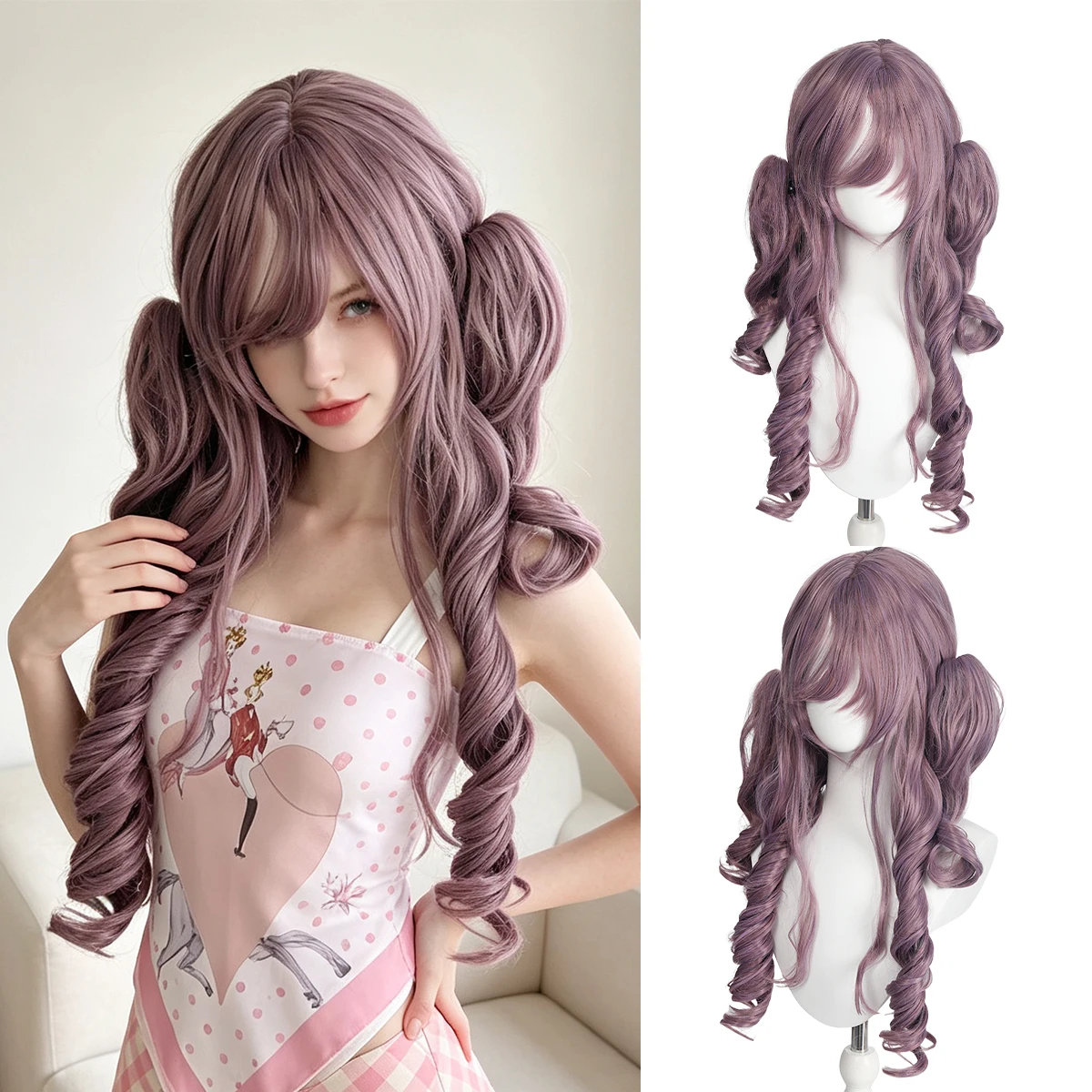 Purple Long Curly Lolita Jellyfish Wig with Detachable Twin Tails, Synthetic Fiber Full Cap for Cosplay & Daily Wear