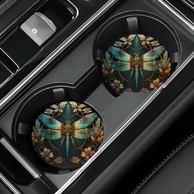 Juego de 2 posavasos redondos con diseño de libélula verde para coche, accesorios de coche de piel sintética suave con diseño de libélula, fáciles de limpiar y reemplazar, regalo para Dra