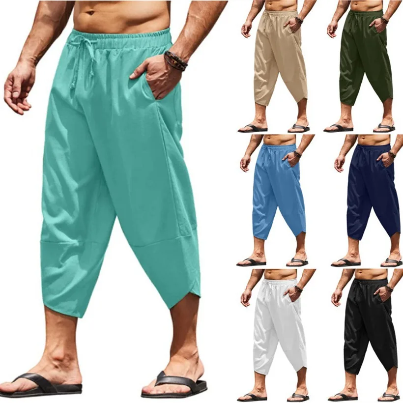 Men's Capri Summer Cotton and Linen Pants Pants Solid Color Scarf Elastic Waist Clamping Cord 3/4 Length Shorts Baggy Casual Pan