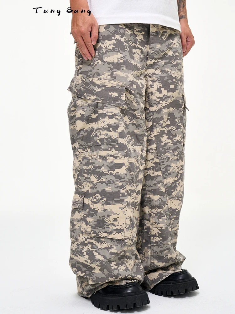 Tung Sung Multi-Pocket Vintage Pants Irregular Rough Edge Tooling Loose Camo Wide Leg Pants Baggy Paratrooper Pants Men