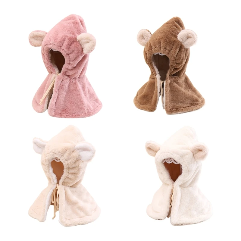 F62D Fleece Lined Hat Scarves with Ears Hooded Scarf & Hat for Kids 6 Months 4 Years