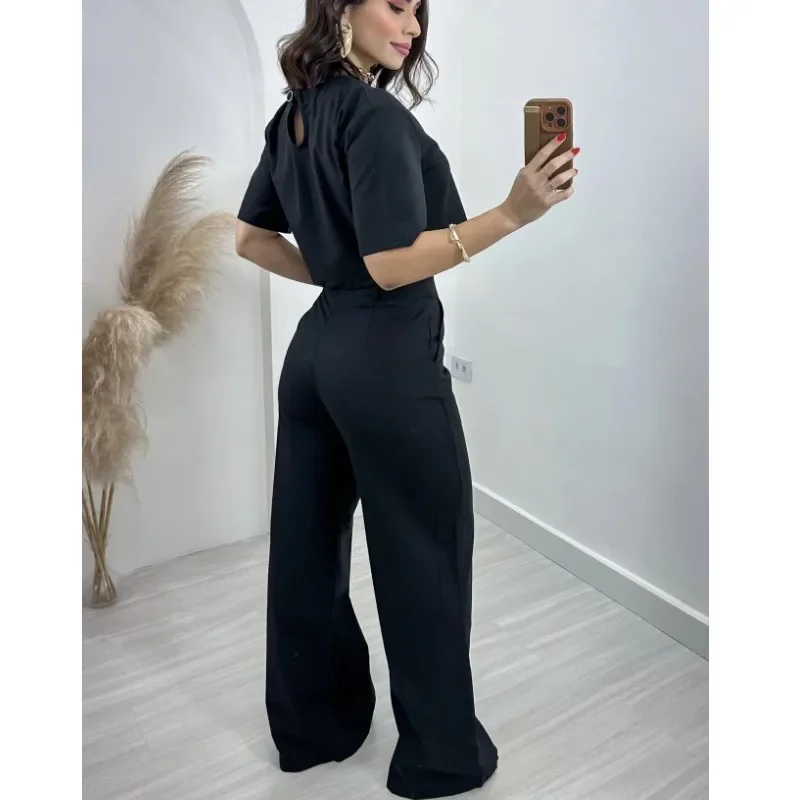 Solid Pants Sets Women Pullover Tops O Neck Matching Sets Full Length Straight Pants Pockets Loose Office Lady High Waist