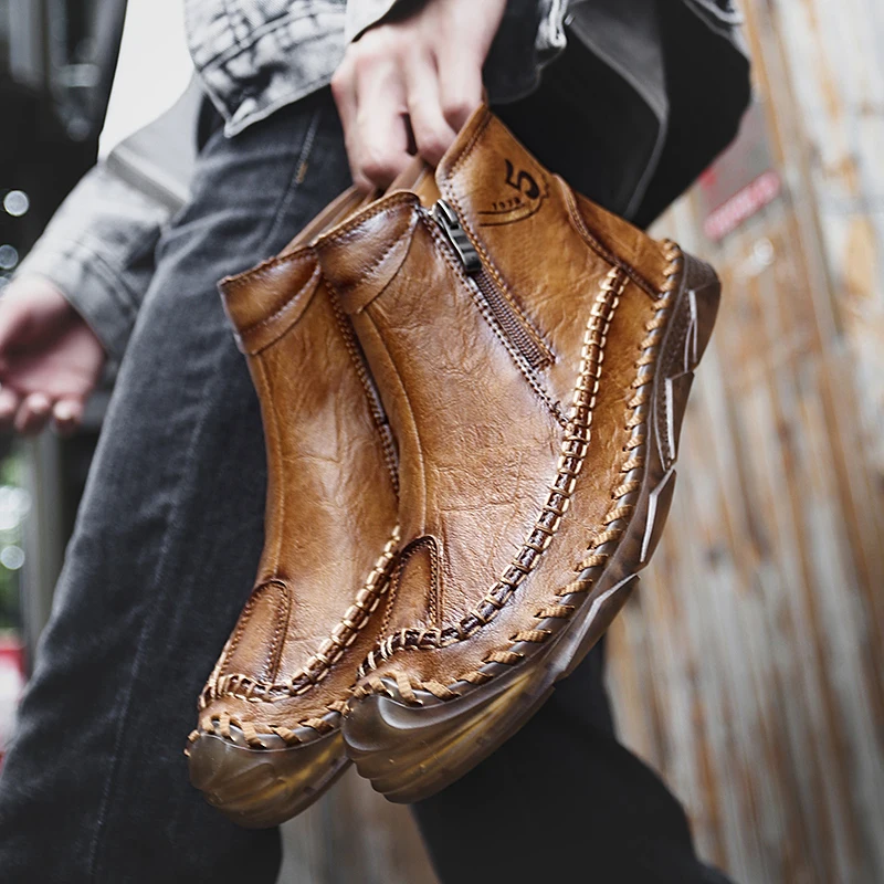 

Luxury Brand Men's Walking Boots Leather Ankle Boots Men Casual Shoes Sneakers Handmade Side Zipper Male Designer Short Boots