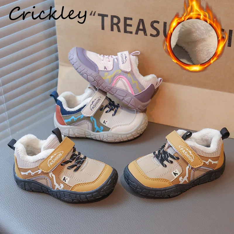 

Winter PU Kids Sneakers Warm Hook Loop Casual Shoes For Toddler Girls Boys Plush Soft Sole Non Slip Children Cotton Sport Shoes
