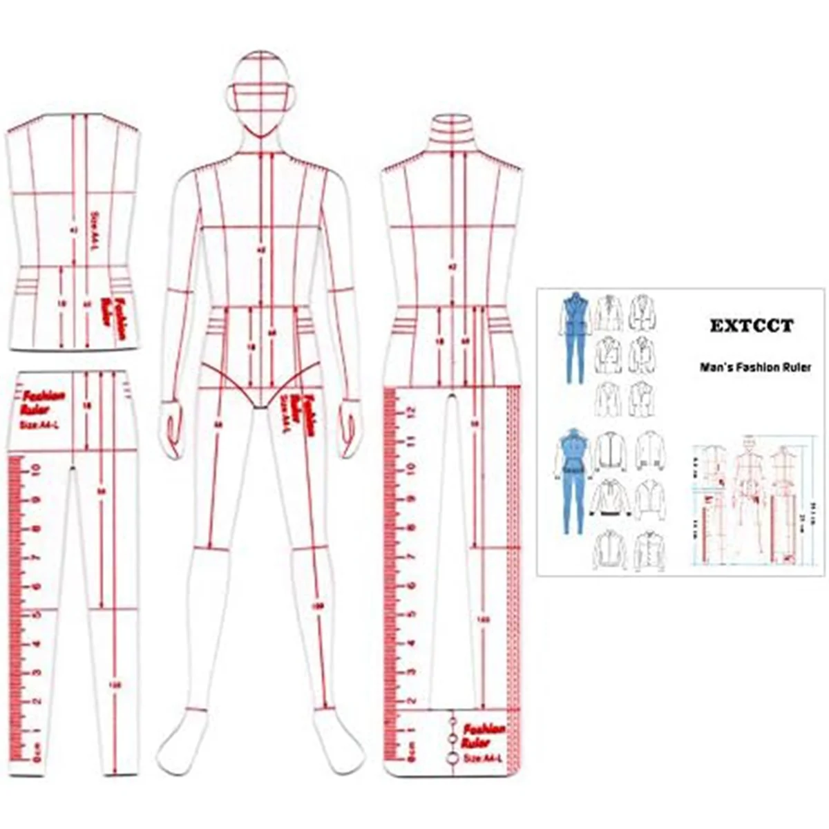 

Men's Fashion Illustration Ruler, Drawing Template Ruler Set for Sewing Humanoid Pattern Design, Clothing Measurement