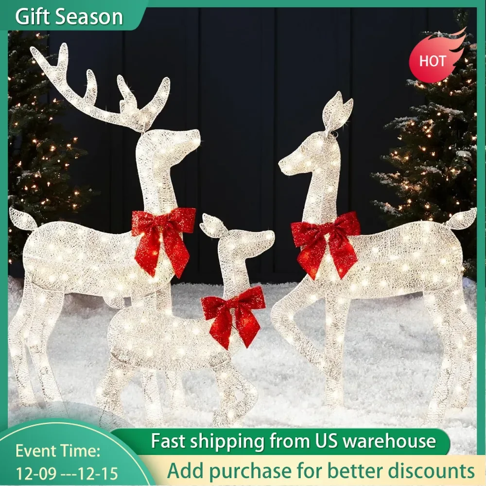 4-foot 3-piece Set of 2D Luminous Christmas Deer, Outdoor Reindeer Decoration, 175 LED Lights, Wooden Stakes, Zippers - White