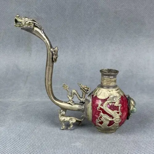 Tibet Silver Inlaid old Jade Handmade Statue Dragon phoenix tiger Smoking Pipe