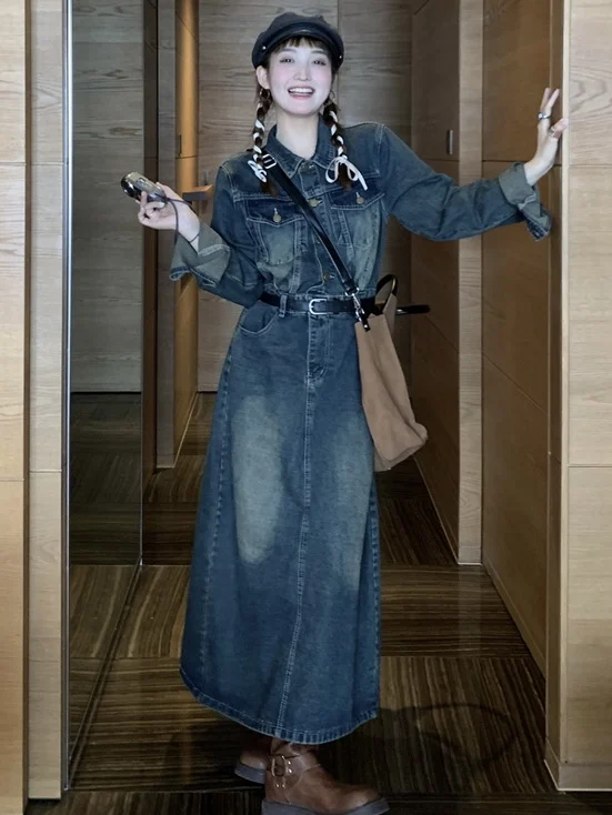 

plus Size Retro Distressed Long Sleeve Denim Dress Slimming A-Line Midi Dress High Waist Korean Style Autumn New Design