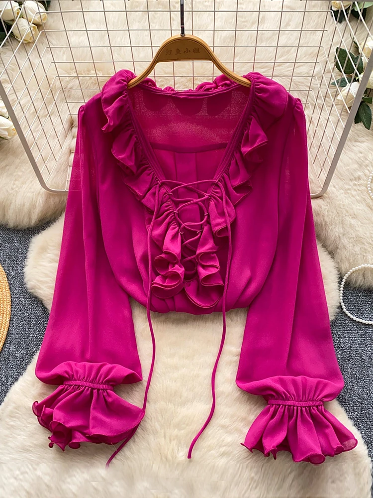 

Женская блузка летняя французская с рюшами, длинными рукавами, на шнуровке, свободная, универсальная, с волнистым краем, для повседневной носки, BL407