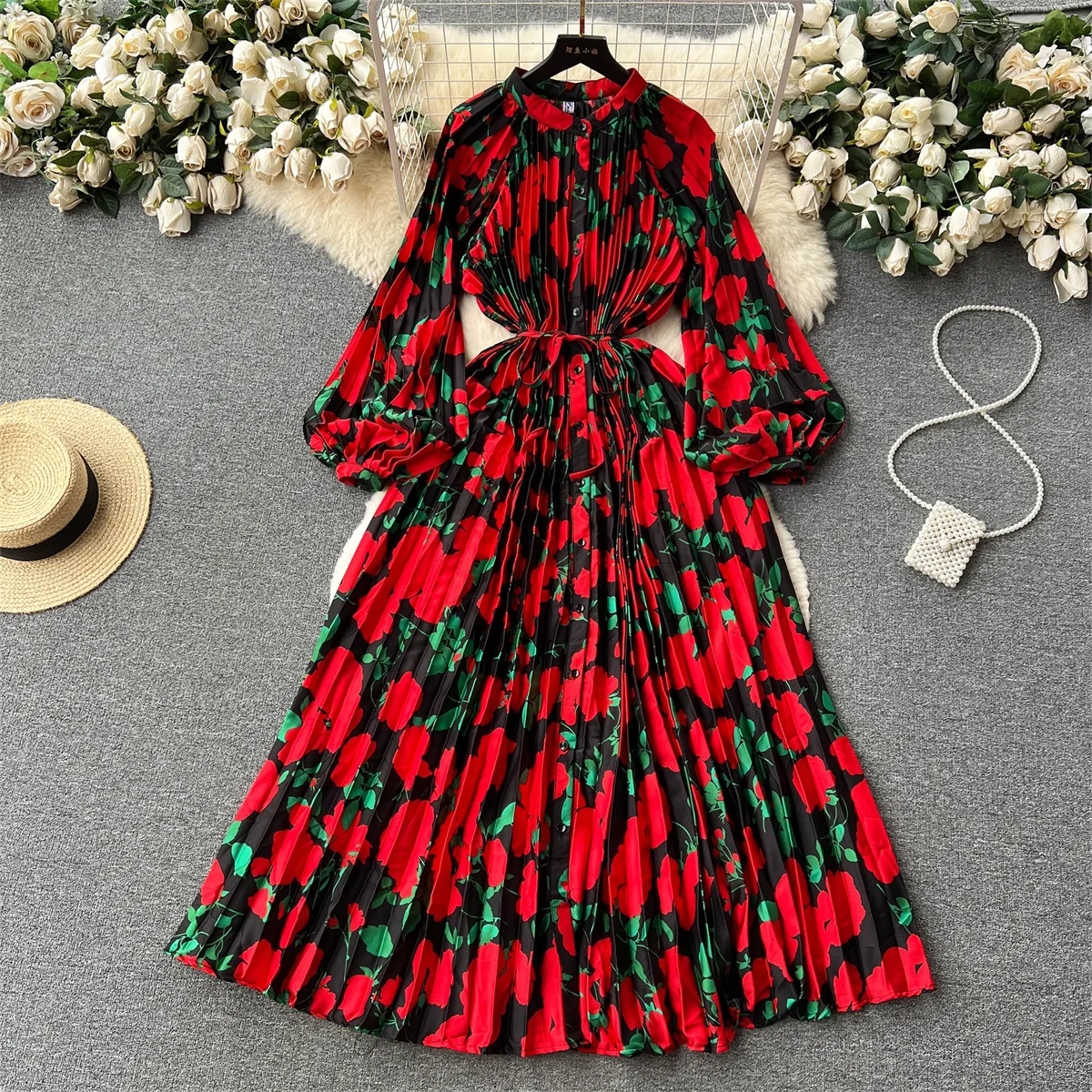 Retro Print Elegant Pleated Lantern Long Sleeve O Neck Single Breasted Dress A-line  Casual High Waist Women Summer Dresses