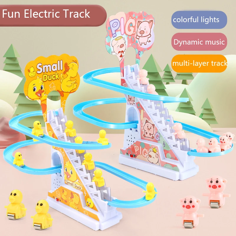 Electric Duck Climbing Stairs Slides Set with LED Flashing Lights Music Race Car Tracks Roller Coaster Kids Educational Toys