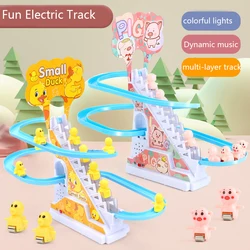 Juego de toboganes de escaleras de escalada de pato eléctrico con luces LED intermitentes, pistas de coches de carreras musicales, montaña rusa, juguetes educativos para niños