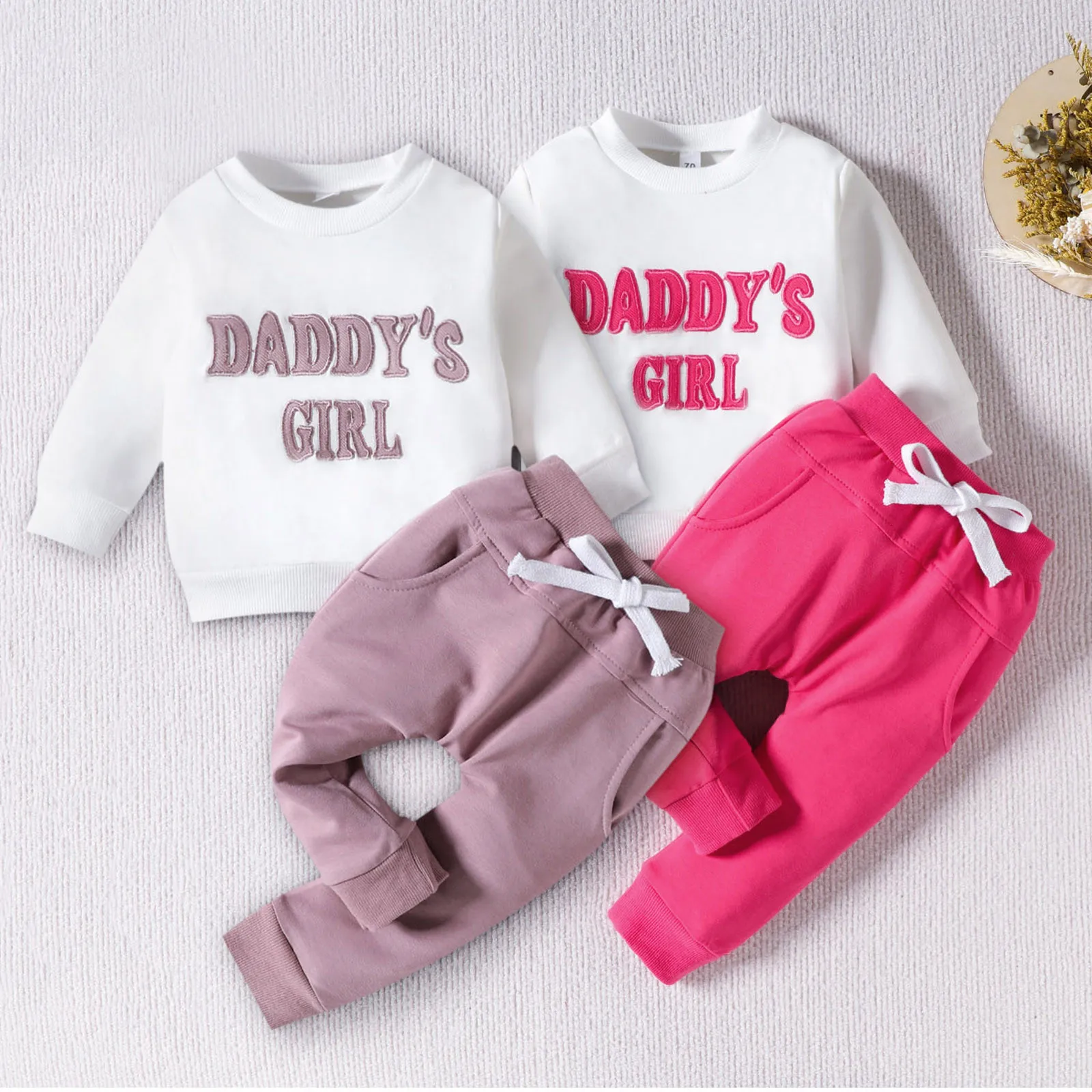 

Toddler Baby Girls Fall Winter Clothes Sets Long Sleeve Letter Embroidery Sweatshirt Pullover Drawstring Pants Outfits Sets 0-3T