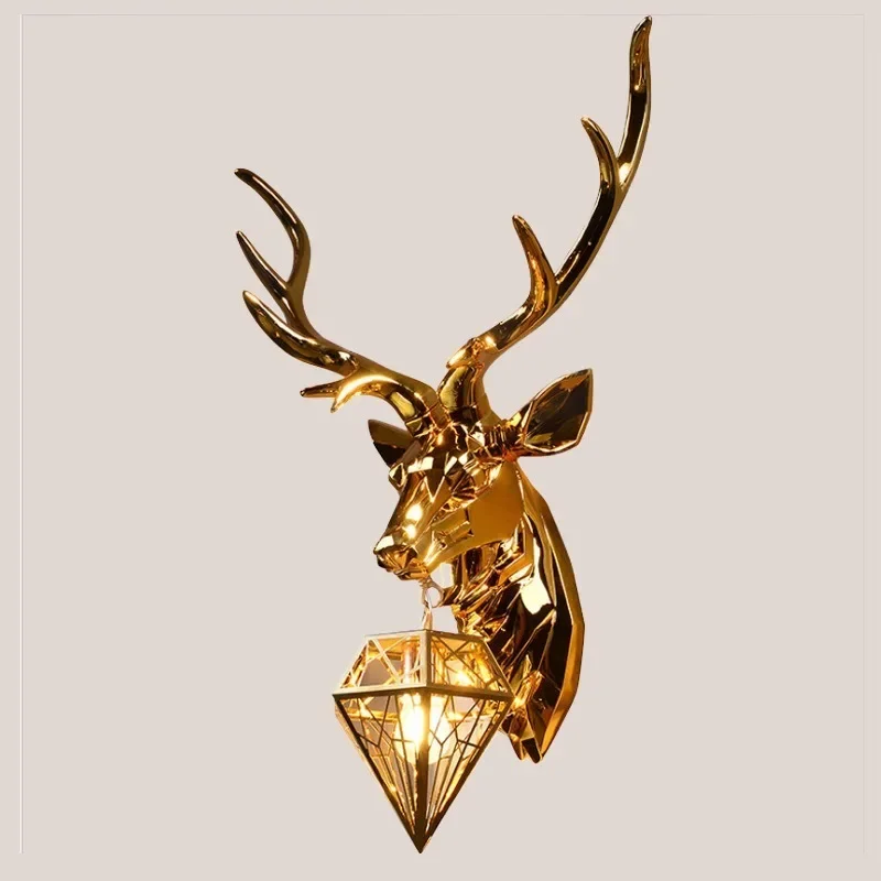 

GHJUYIOL Zhaocai Deer Head Wall Lamp American Gold Plated Living Room TV Background Wall Deer Horn Lamp Bedroom Creative Interio