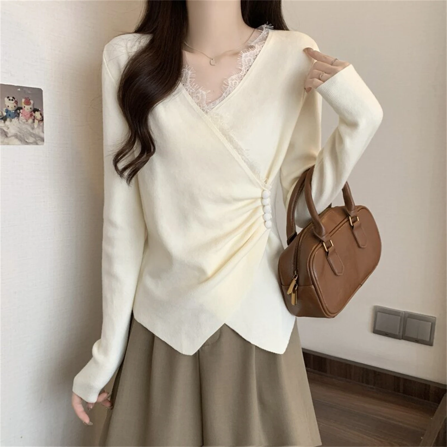 Warm Lace Trim V Neck Wrap Knit Top Women Ruched Button Side Long Sleeve Slim Fit Fall Winter Casual Daily Wear Blouse
