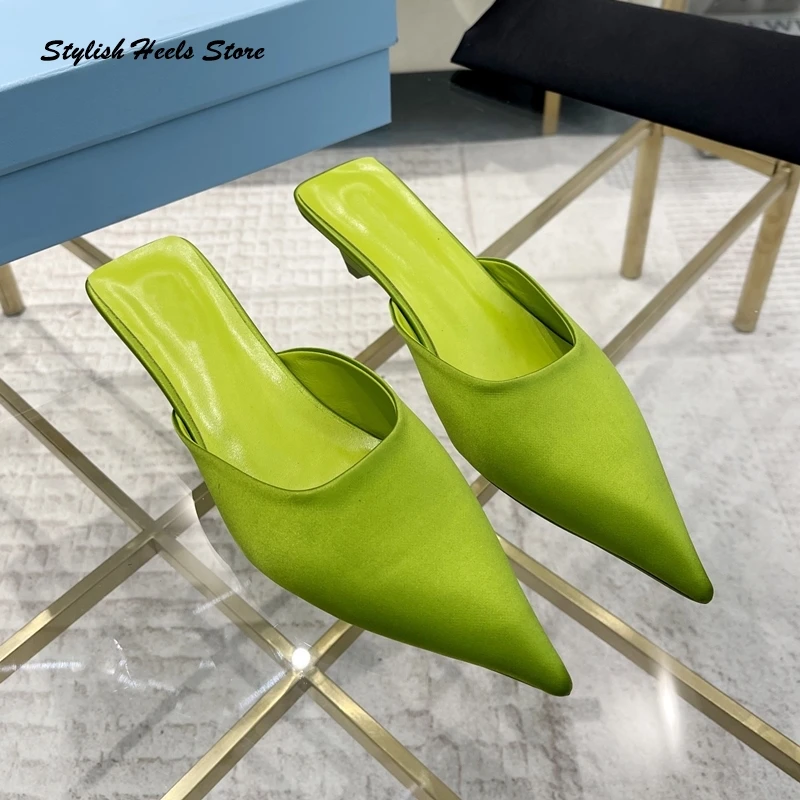 Luxury Silk Pointed Toe Strange Style Heels Mules Elegant Leather Sole 35mm Heel Sandals Women Fashion Party Wedding Dress Shoes