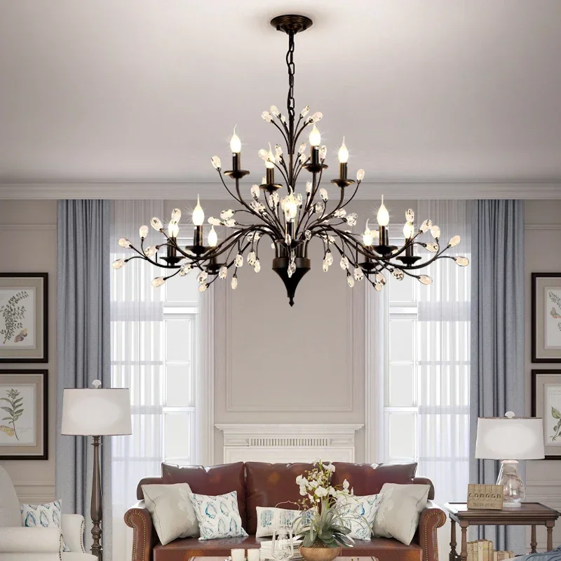 Farmhouse Chandelier For Dining Room Bedroom Kitchen Living Rustic Iron Crystal Pendant Lamp Candle Hanging Light Black