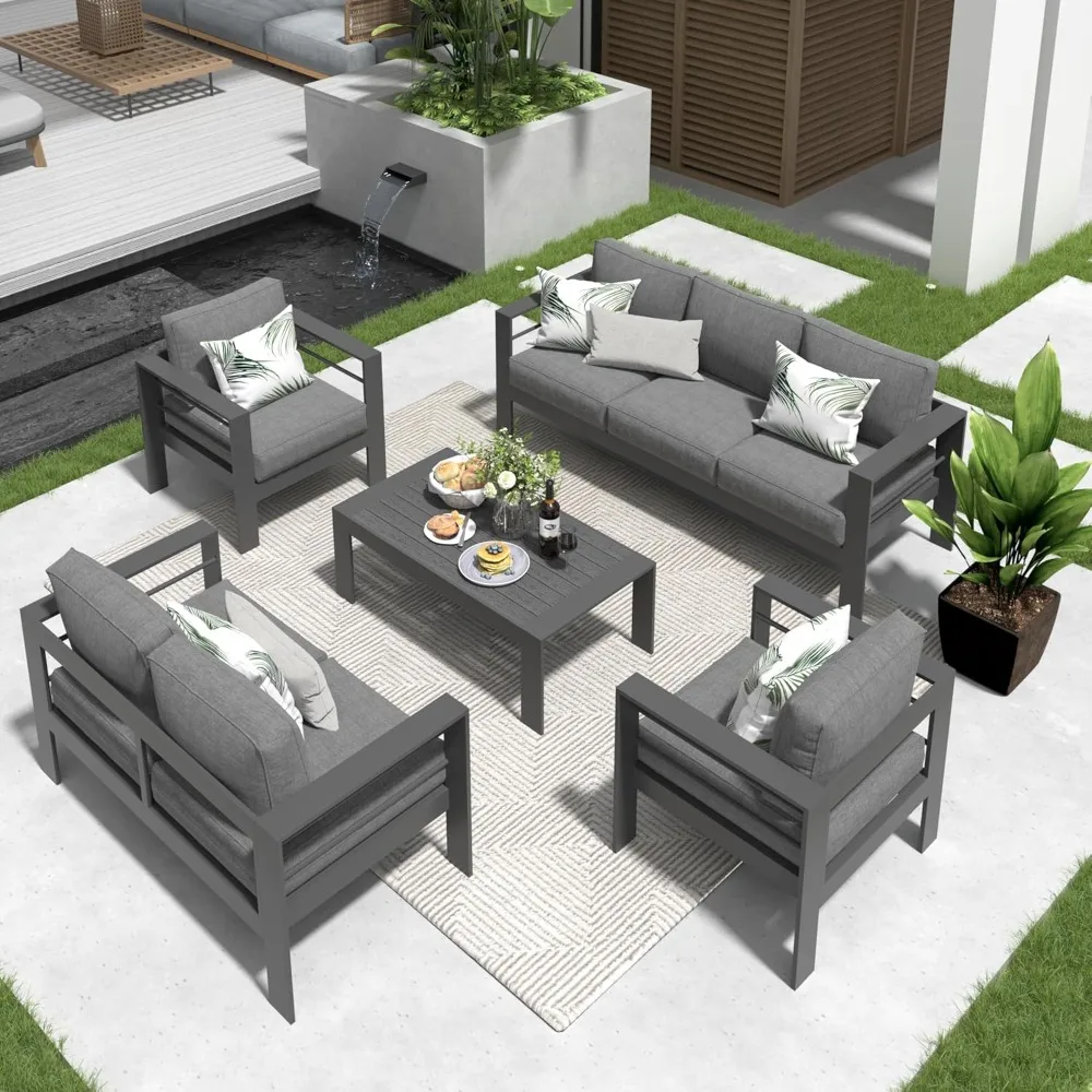 

Aluminum Patio Furniture Set, 7 Seats Conversation Set Sectional Sofa with Cushion and Coffee Table, Garden Furniture Sets