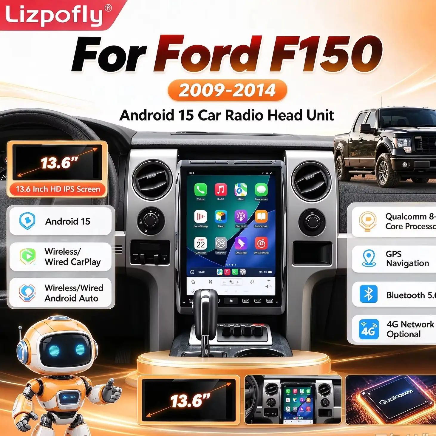 Android 15 Car Radio CarPlay GPS Navigation IPS Multimedia Head Unit For Ford F150 2009-2014 Qualcomm 8-Core