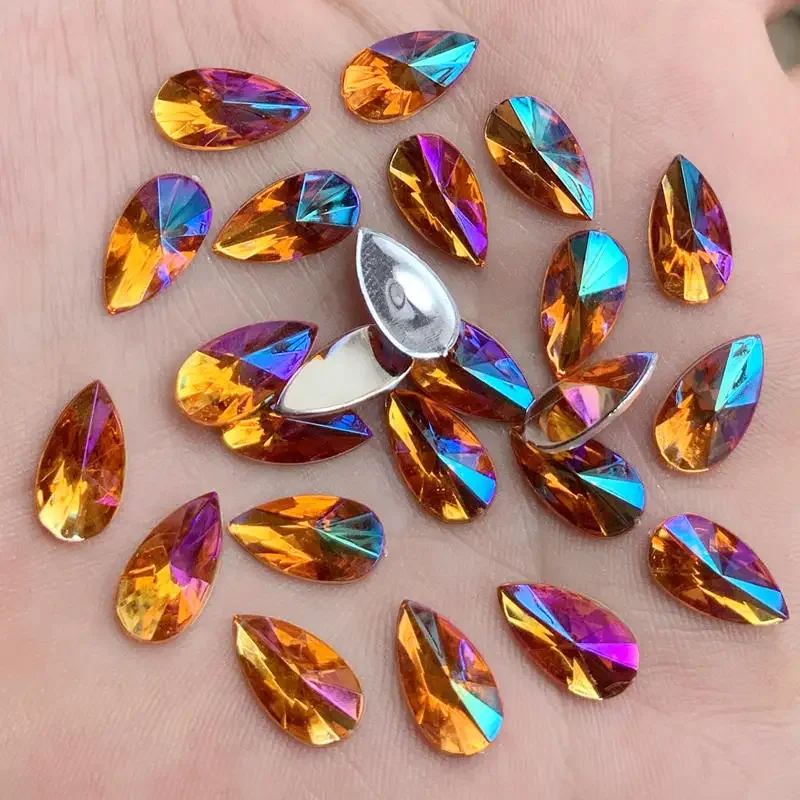 50pcs 7*13mm Colorful Drops Rhinestone Applique No Sew On Crystal Stone Flat Back Acrylic Strass for Clothes Crafts DIY -HB75