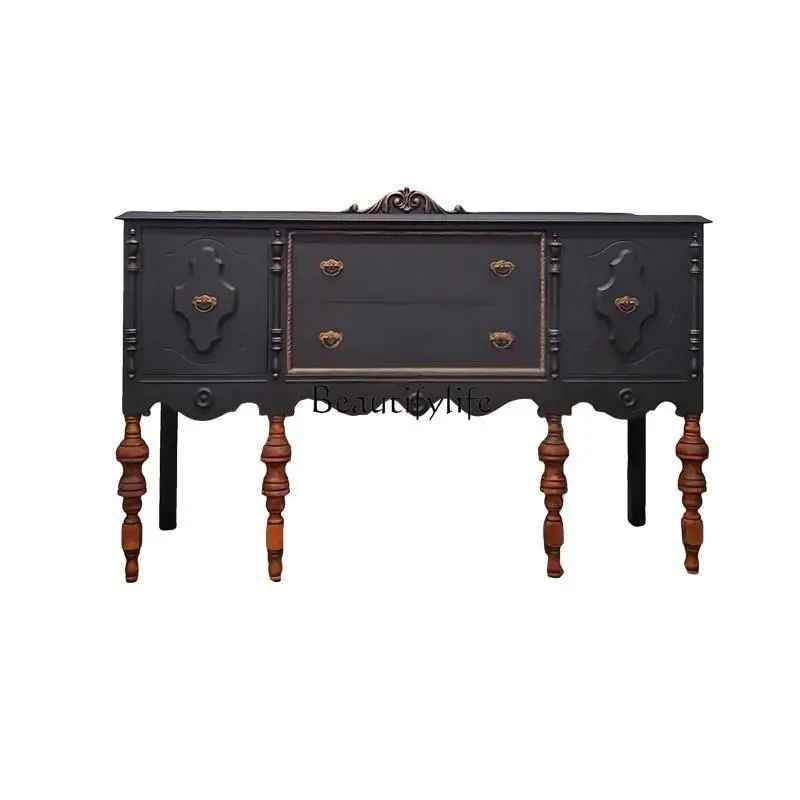 

French Style Entryway Cabinet Vintage Decor European Solid Wood Carved Hallway Storage Sideboard Wall-Mounted Sideboard