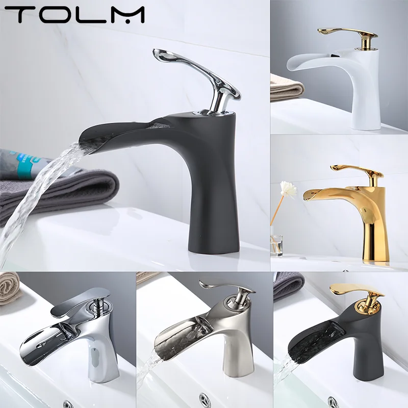 

TOLM New Single Handle Hole Golden Brass Square Waterfall Spout Bathroom Basin Faucet Vanity Sink Mixer Tap Hot Cold Mixer Tap