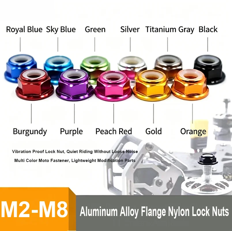 Anodized Aluminum Alloy Flange Lock Nut M2-M8 Nylon Self Lock Nuts Moto Accessories For Scooter Motorcycle Frame Modify Parts