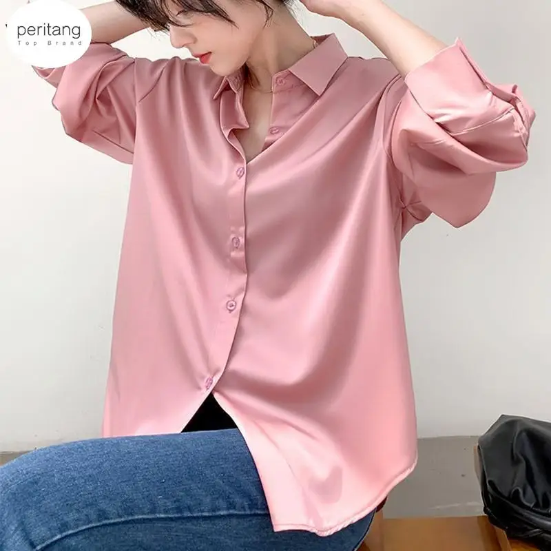 Satin Shirt Womens Clothing Silk Shirts Vintage Blouse Office Lady Sheer Top Longsleeve Dress Shirt Ladies Overshirt