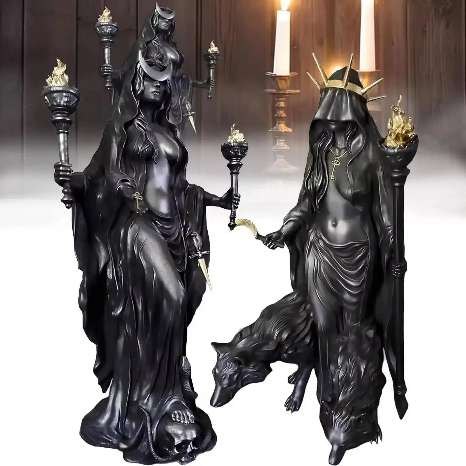 Hecate Greek Goddess Of Magic With Her Hounds Figurine Modern Art Resin Statue Witch of The Night Sculpture Home Decor Halloween