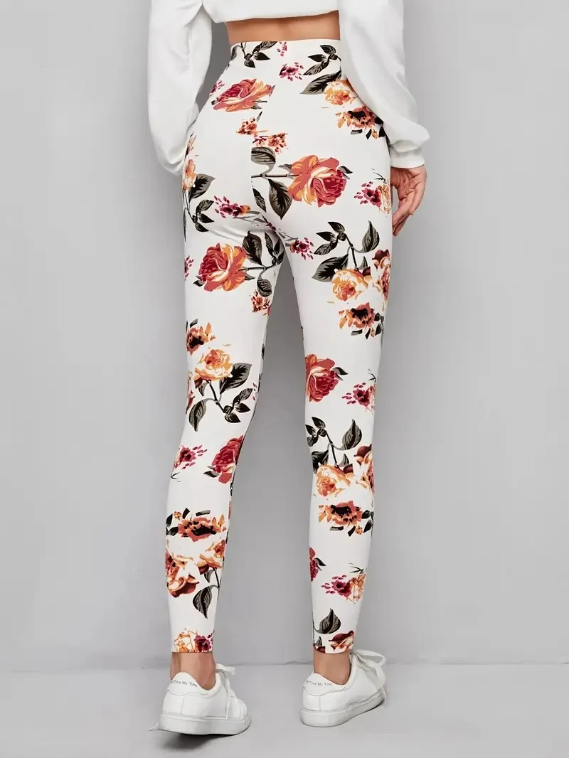 Floral print elastic elastic waist comfortable leggings women can wear daily, work, travel