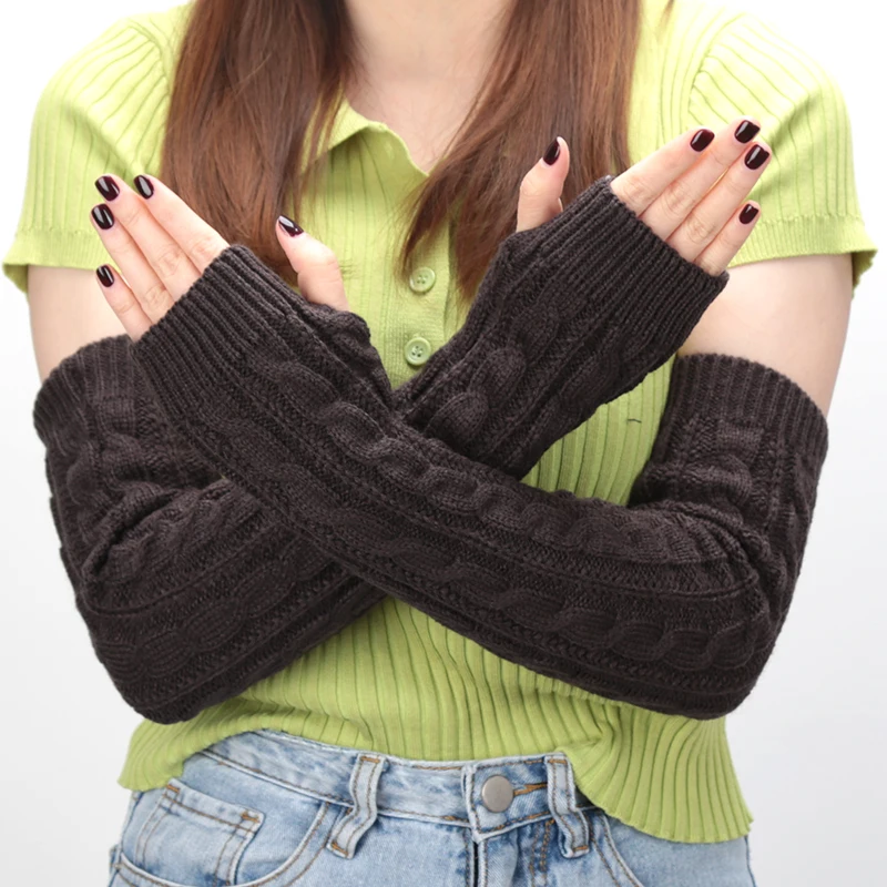 Gants sans doigts longs tricotés pour femmes, mitaines de coude pour filles, gants noirs punk gothiques, manches de poignet de bras, doux et plus