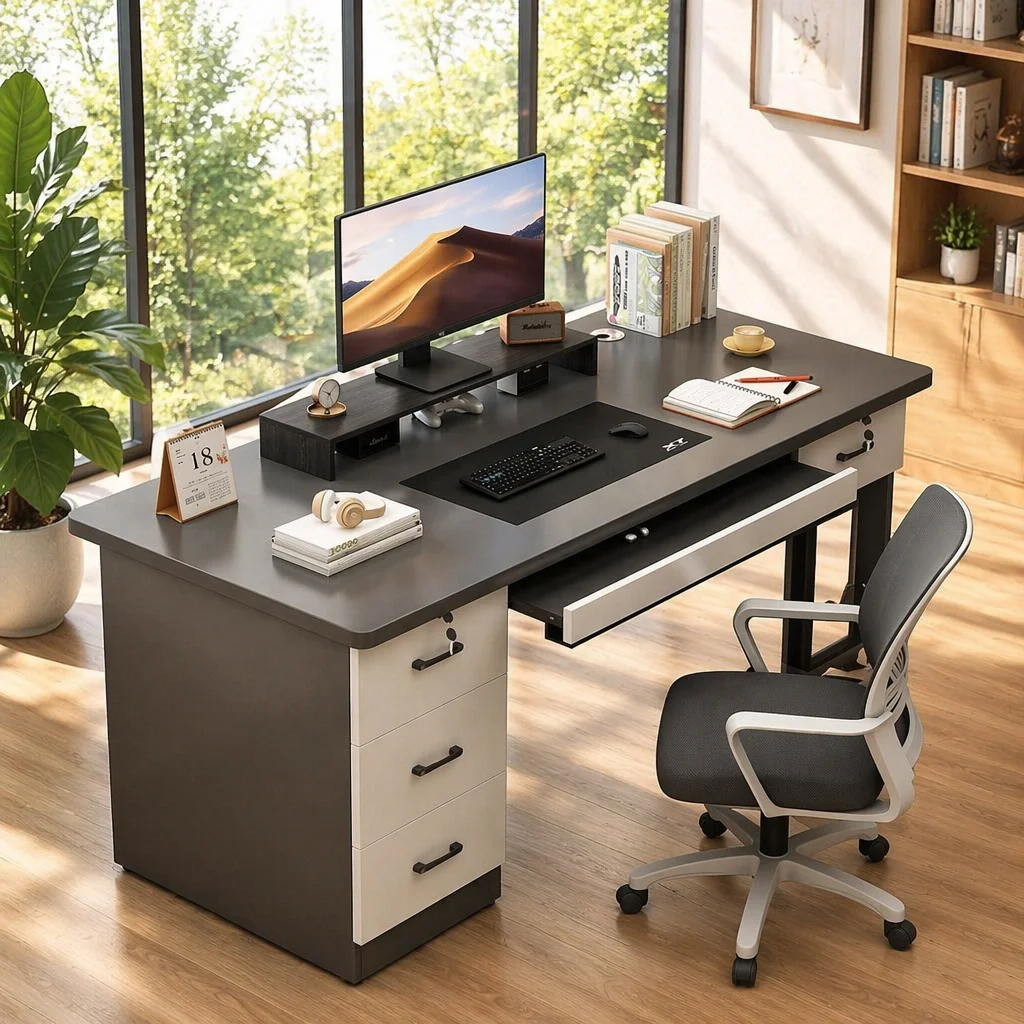2026 Factory Direct Two Tone Computer Desk with Pull Out Keyboard Tray 3 Drawer Storage Cabinet Home Office Writing Workstationp