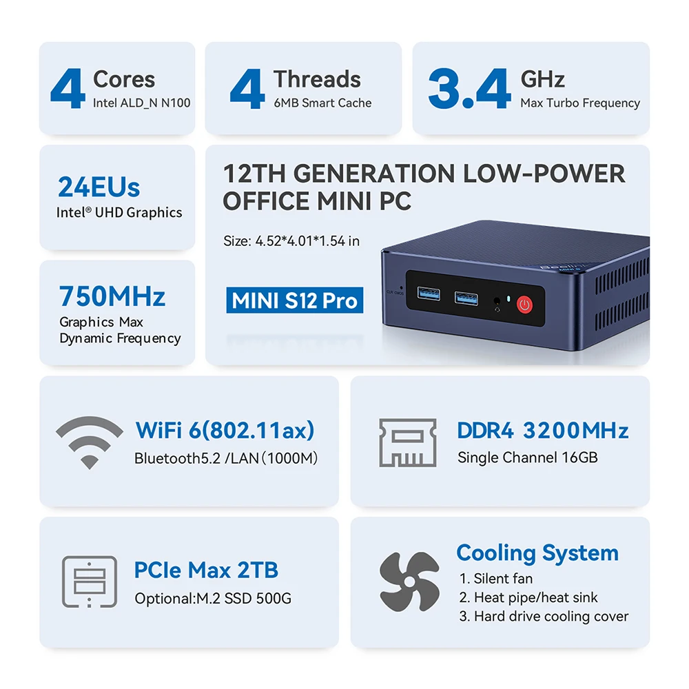 Imagem -03 - Beelink Mini S12 Pro Gaming Computer N95 N100 Windows 11 Pro Ddr4 8gb 256gb 16gb 500gb Wifi bt