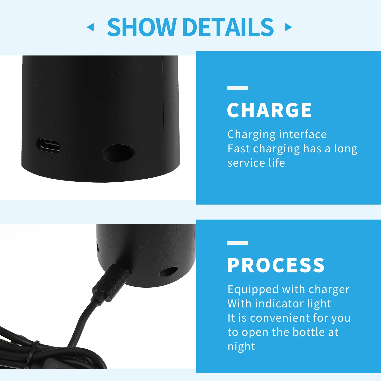 Herramienta eléctrica de apertura de vino, sacacorchos recargable USB tipo C, forma recta, funcionamiento cómodo, luz indicadora nocturna