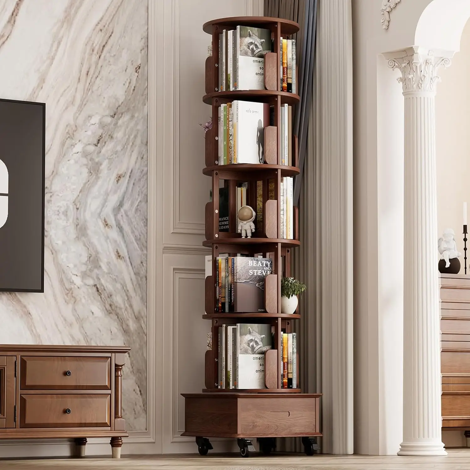 

Solid Wood Rotating Bookshelf Tower, 5 Tier Spinning Bookcase With Drawer, 72"" Floor Standing Revolving Bookshelf On Wheels,