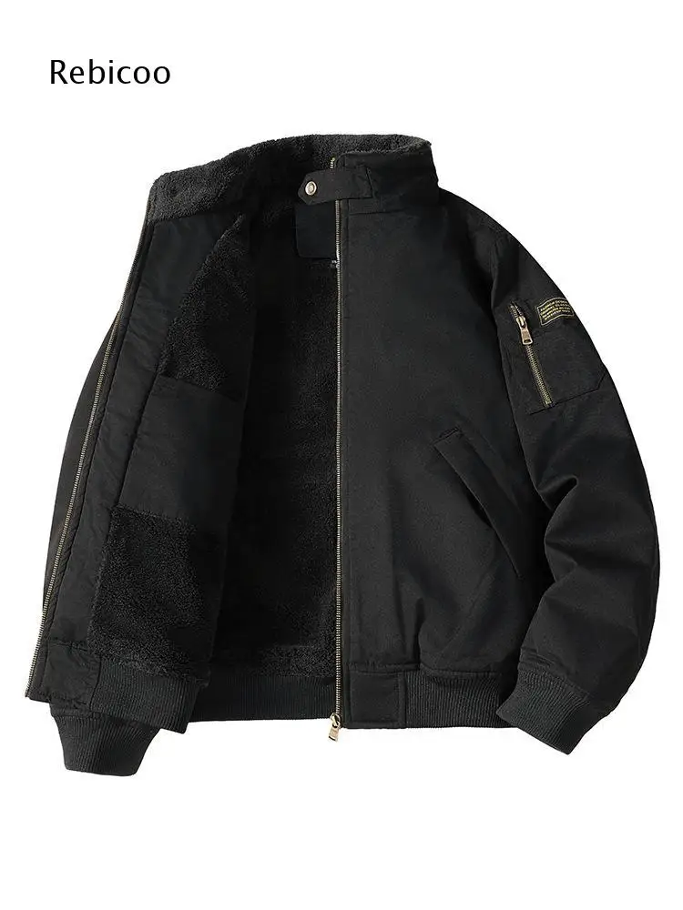 Cold Weather Fleece Lined Zip Up Bomber Jacket For Men Stand Collar Multi Pocket Outerwear For Relaxed Urban And Weekend Looks