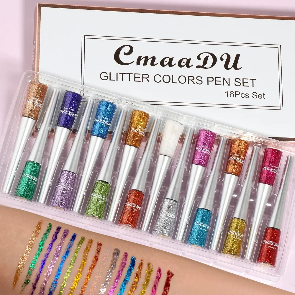 CmaaDu 16 colori/set ombretto liquido duraturo eyeliner trucco impermeabile pigmento liquido ad asciugatura rapida ombretto glitter oro argento