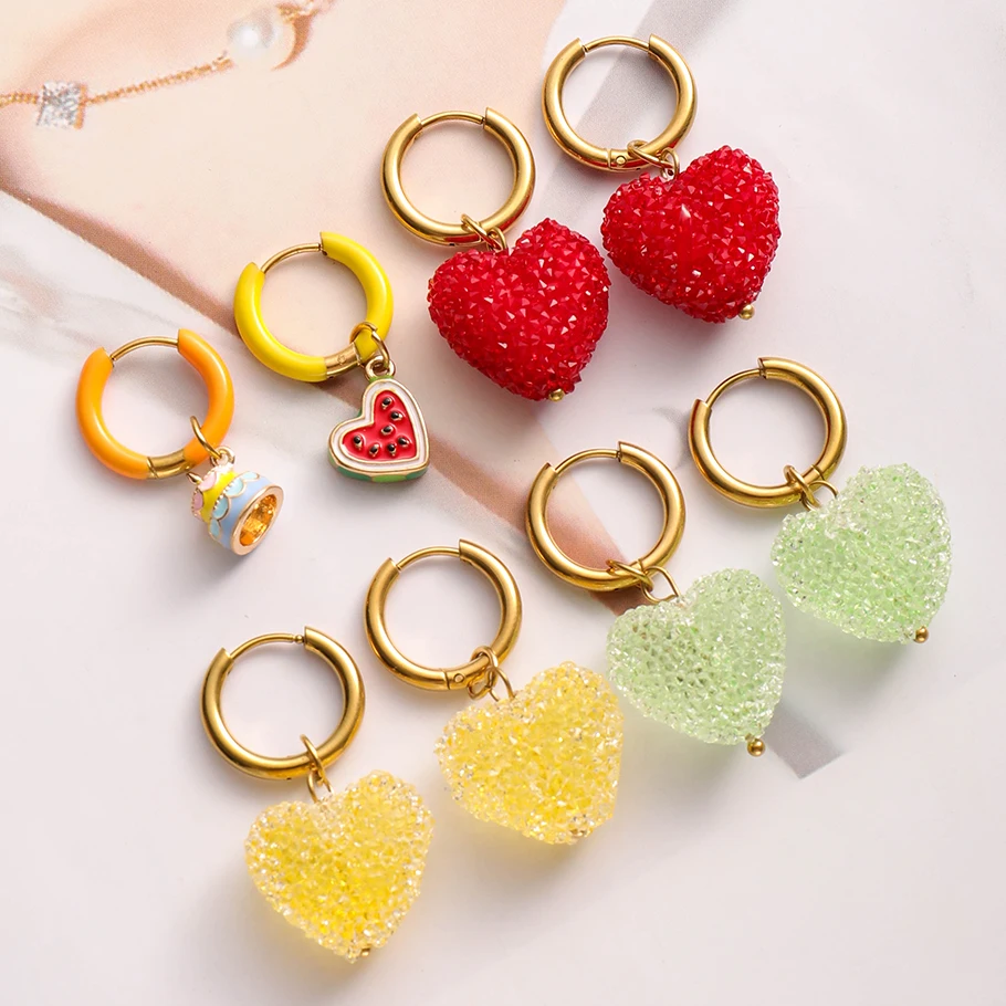 1Pair Korean Multicolor Resin Sweet Heart Romantic Love Women Ear Buckle Trendy Candy Gummy Daily Wear Aretes Mujer Jewelry