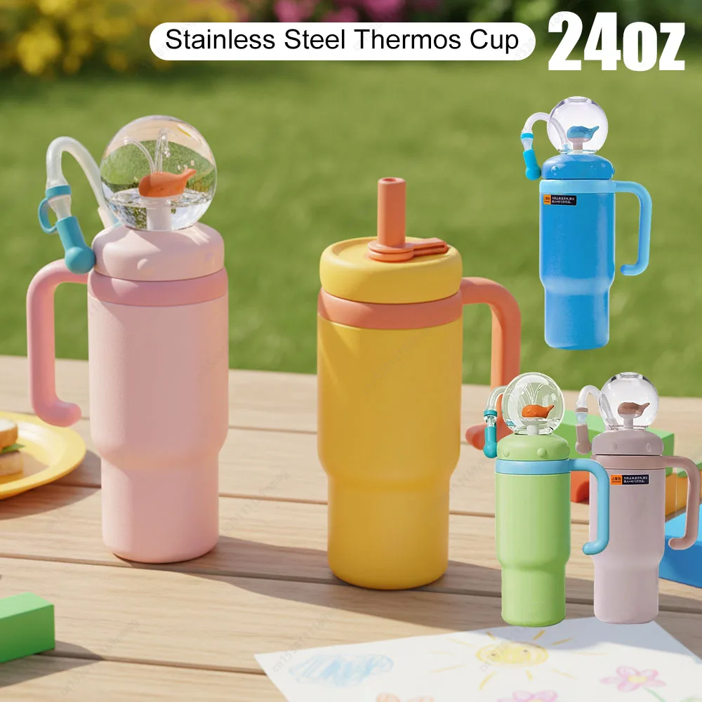 

24oz Stainless Steel Whale Fountain Tumbler with Handle Whale Water Cups Perfect for Kids Teens and Adults