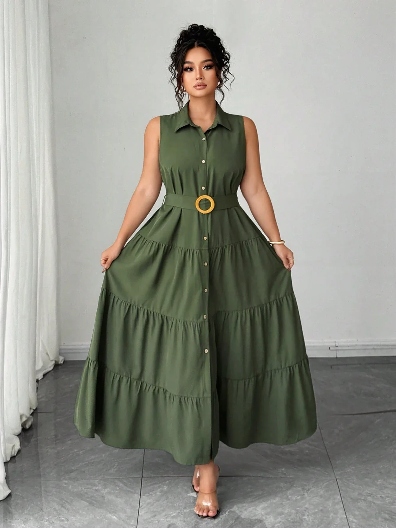 

Sleeveless Solid Color Button Front Shirt Dress With Tiered Skirt And Belt Casual Office Summer